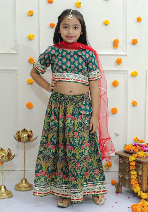 Green Printed Cotton Blend Lehenga Choli For Girls — view on Indya