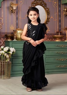 Black Embroidered Blended Lehenga Choli For Girls
