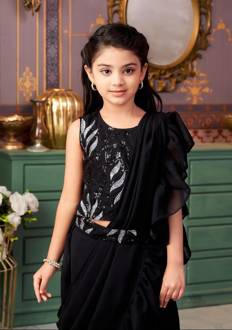 Black Embroidered Blended Lehenga Choli For Girls - Indya