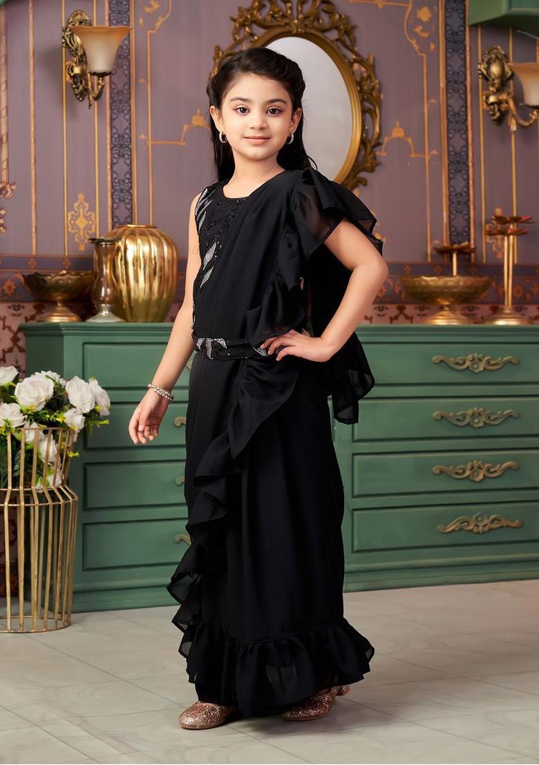 Black Embroidered Blended Lehenga Choli For Girls - Indya