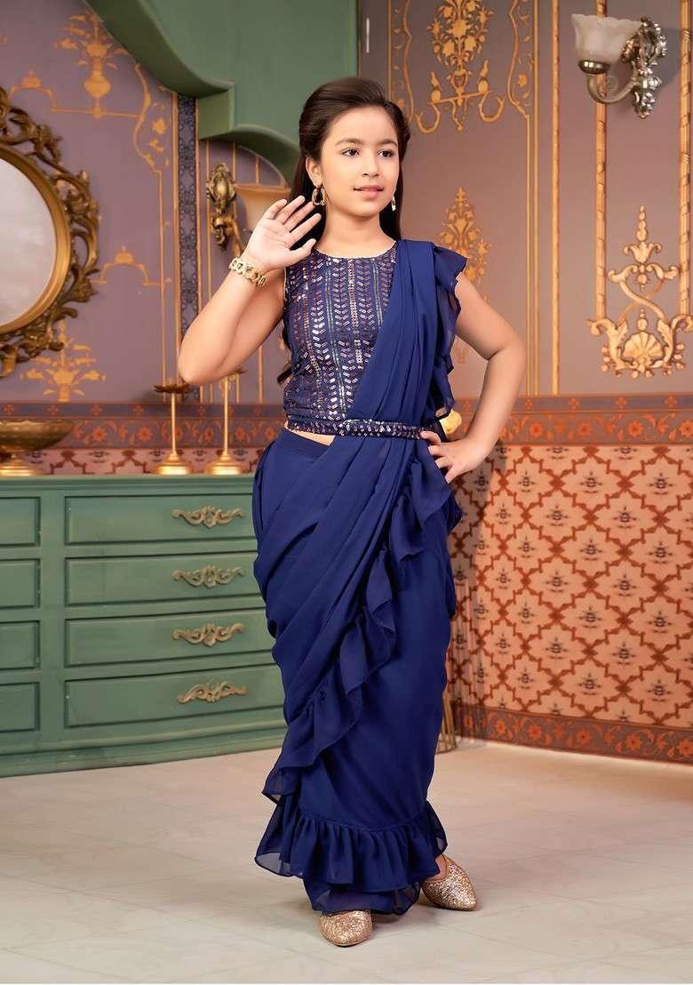 Navy Blue Embellished Georgette Lehenga Choli For Girls - Indya