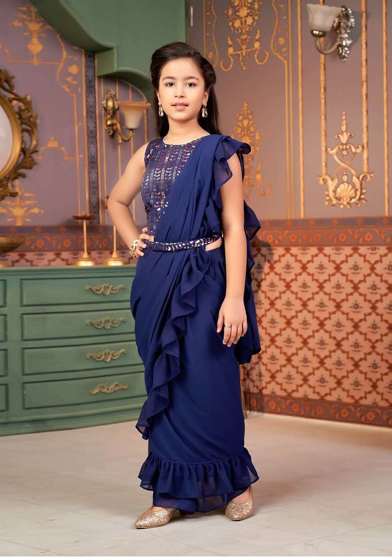 Navy Blue Embellished Georgette Lehenga Choli For Girls - Indya