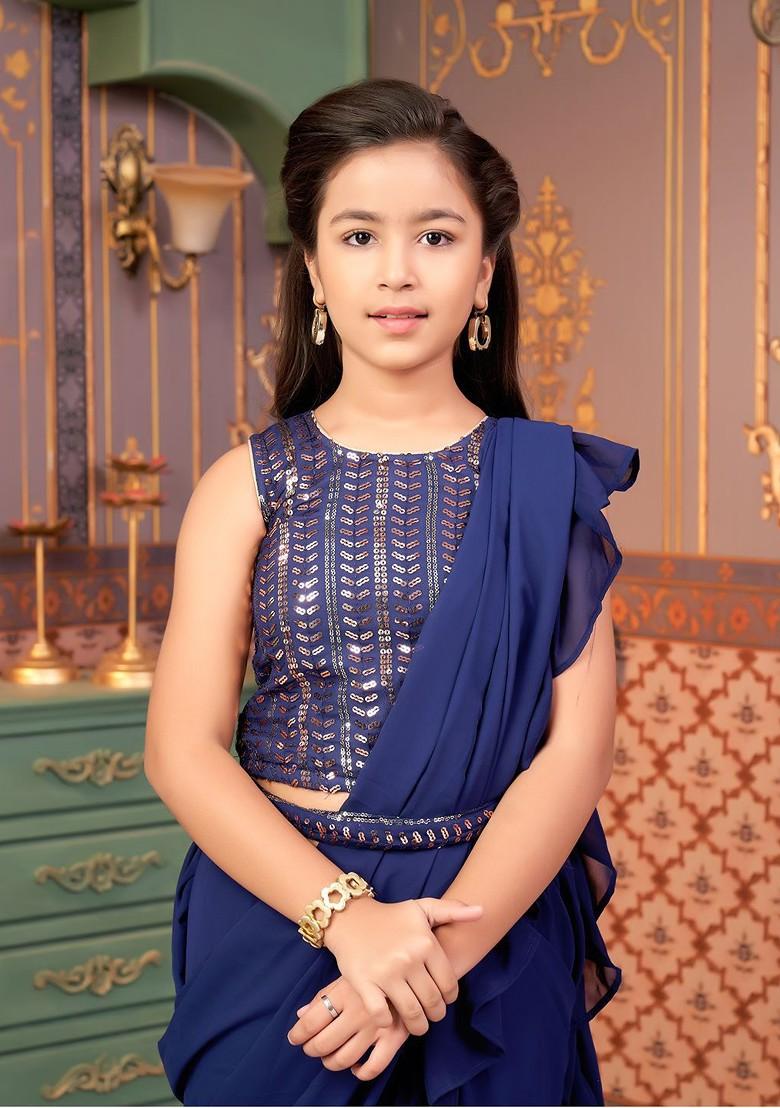Navy Blue Embellished Georgette Lehenga Choli For Girls - Indya