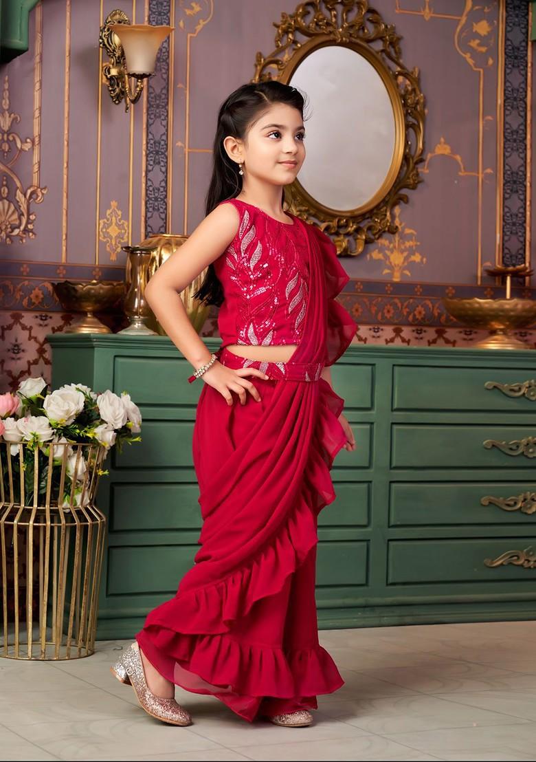 Pink Printed Blended Lehenga Choli For Girls - Indya