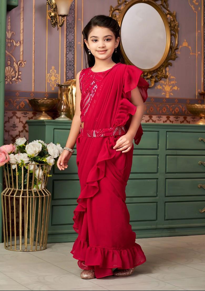 Pink Printed Blended Lehenga Choli For Girls - Indya