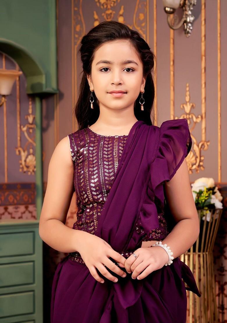 Purple Embellished Blended Lehenga Choli For Girls - Indya