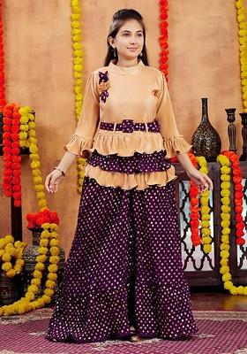 Beige Embroidered Blended Lehenga Choli For Girls