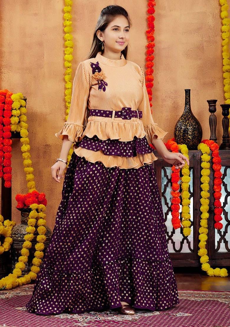 Beige Embroidered Blended Lehenga Choli For Girls - Indya