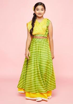 Green Printed Cotton Blend Lehenga Choli For Girls