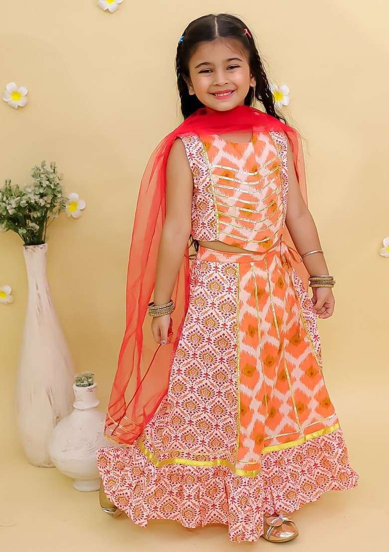 Orange Printed Cotton Blend Lehenga Choli For Girls - Indya