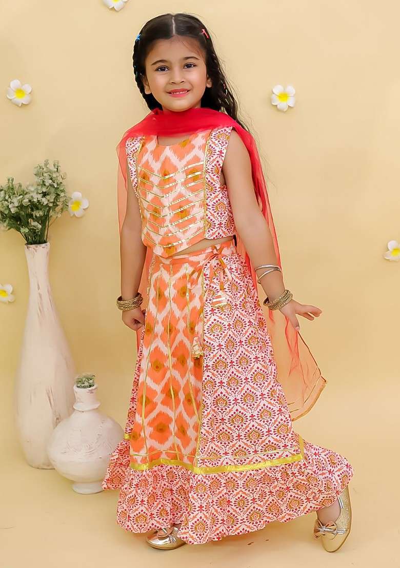 Orange Printed Cotton Blend Lehenga Choli For Girls - Indya