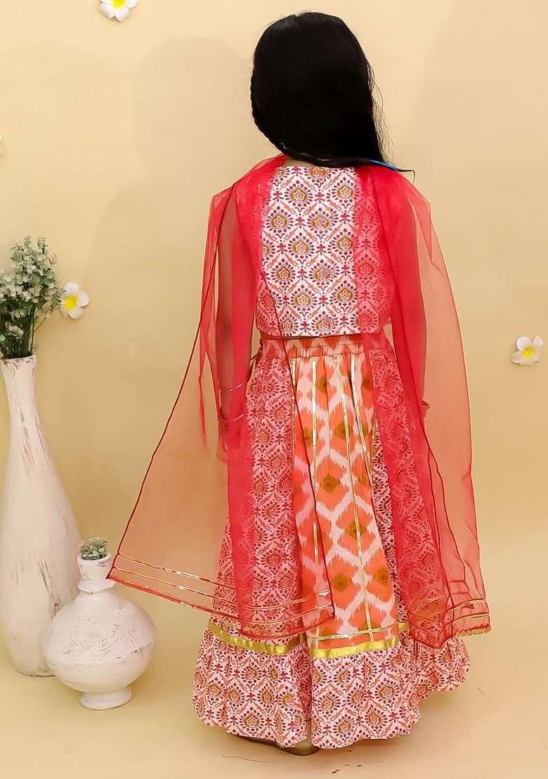 Orange Printed Cotton Blend Lehenga Choli For Girls - Indya