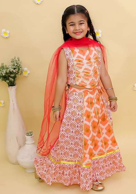 Orange Printed Cotton Blend Lehenga Choli For Girls
