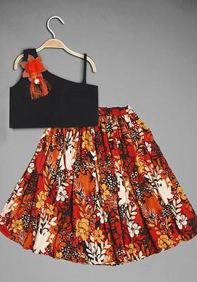 Orange Printed Blended Lehenga Choli For Girls