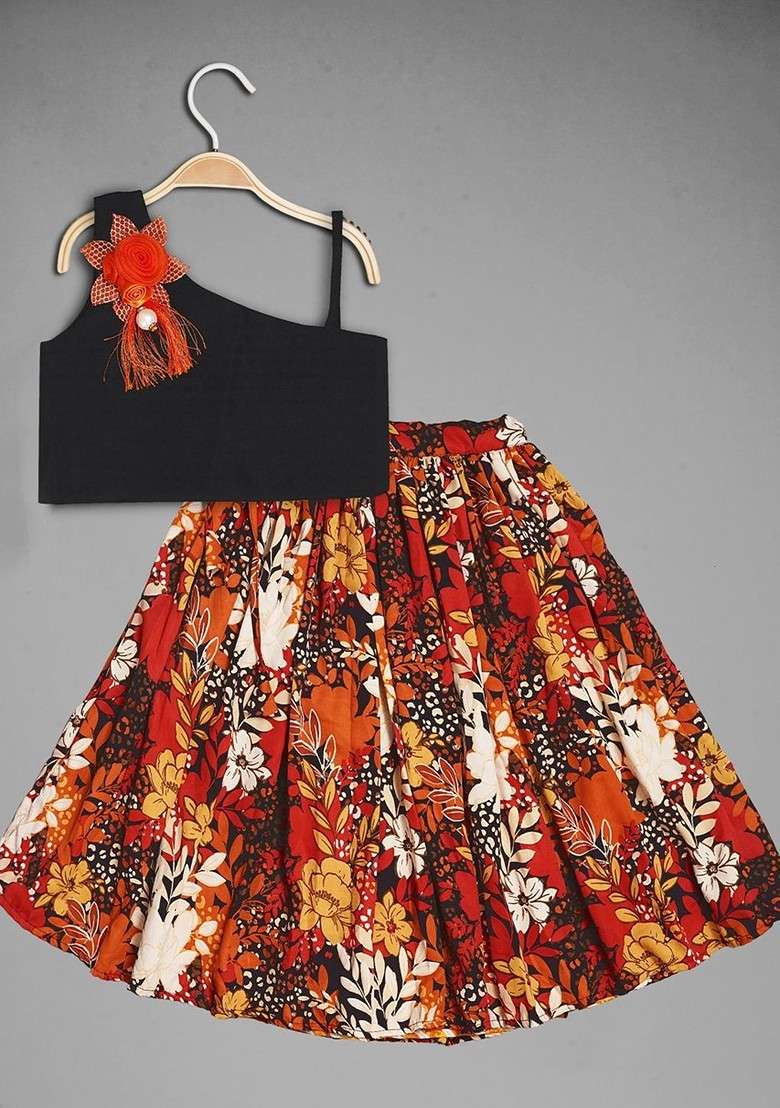 Orange Printed Blended Lehenga Choli For Girls - Indya