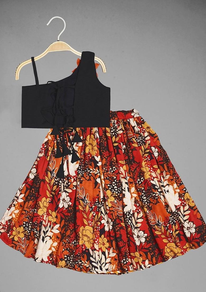 Orange Printed Blended Lehenga Choli For Girls - Indya
