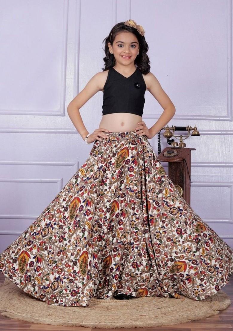 Beige Embroidered Blended Lehenga Choli For Girls - Indya