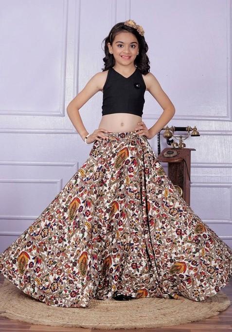 Beige Embroidered Blended Lehenga Choli For Girls