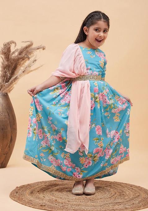 Blue Printed Blended Lehenga Choli For Girls — view on Indya
