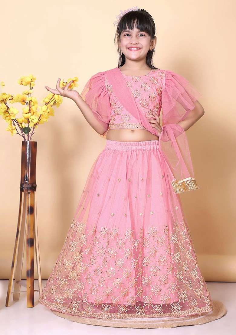 Peach Embroidered Net Lehenga Choli For Girls - Indya