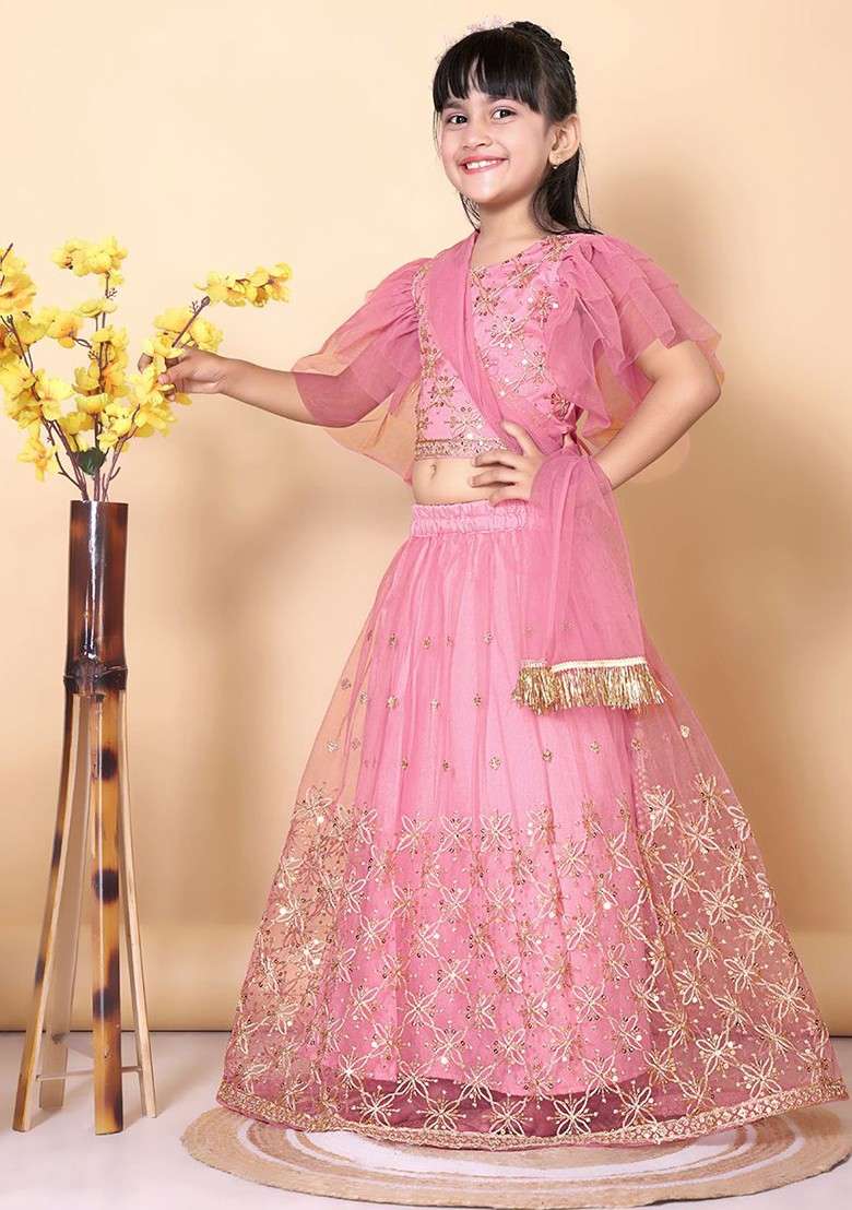 Peach Embroidered Net Lehenga Choli For Girls - Indya