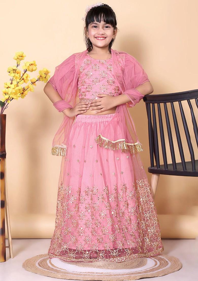 Peach Embroidered Net Lehenga Choli For Girls - Indya