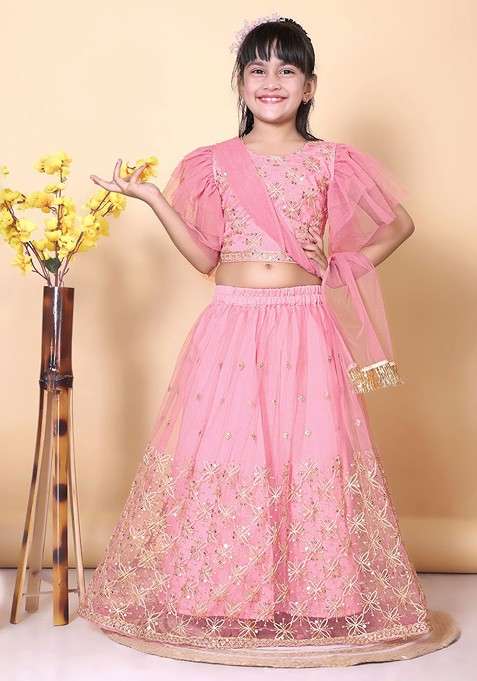 Peach Embroidered Net Lehenga Choli For Girls