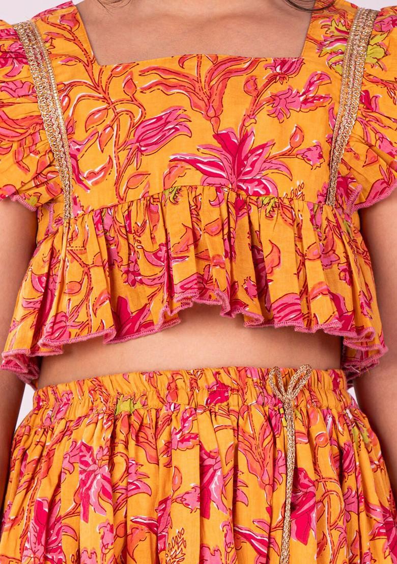 Mustard Printed Blended Lehenga Choli For Girls - Indya
