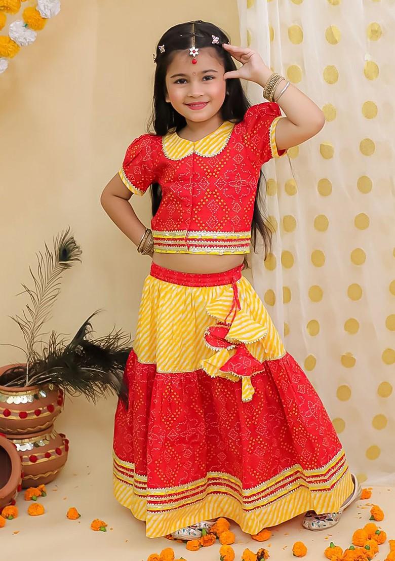 Red Printed Cotton Blend Lehenga Choli For Girls - Indya