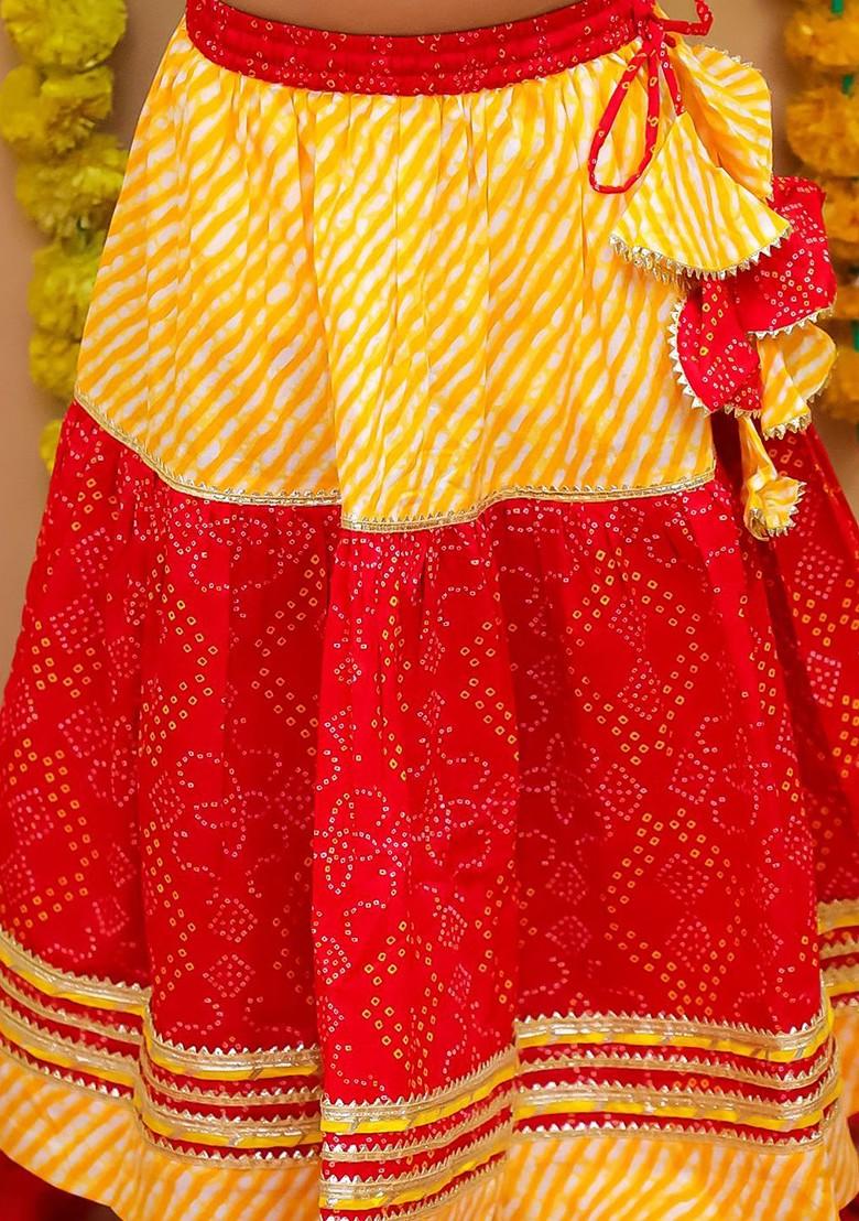 Red Printed Cotton Blend Lehenga Choli For Girls - Indya