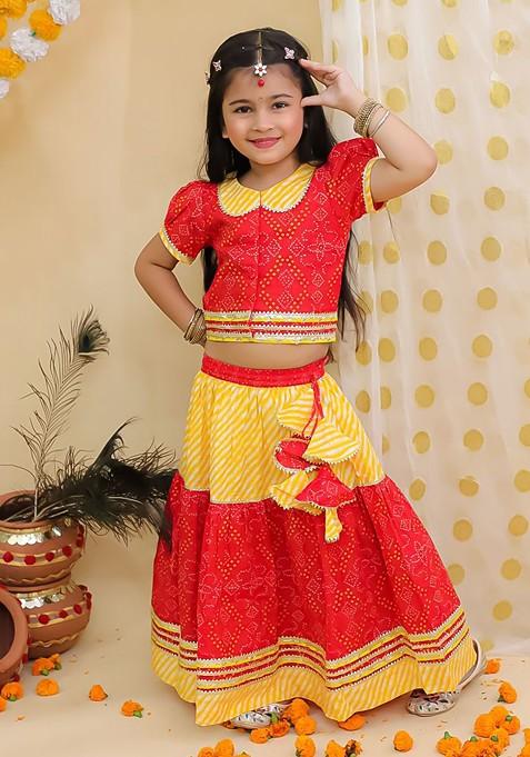 Red Printed Cotton Blend Lehenga Choli For Girls — view on Indya