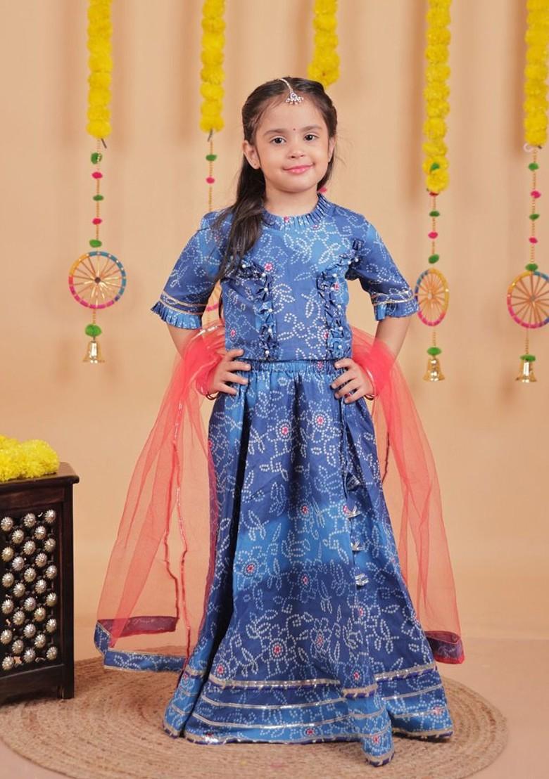 Red Printed Blended Lehenga Choli For Girls - Indya