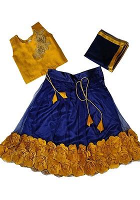Navy Blue Embroidered Blended Lehenga Choli For Girls