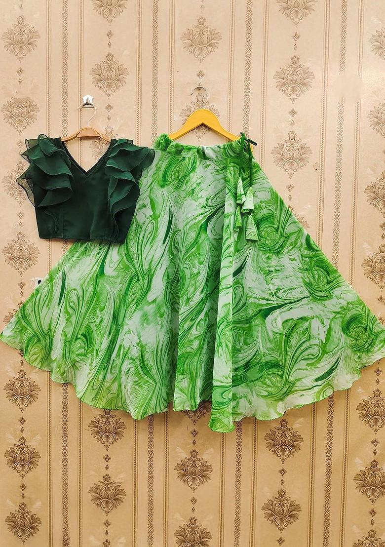 Green Embroidered Georgette Lehenga Choli For Girls - Indya