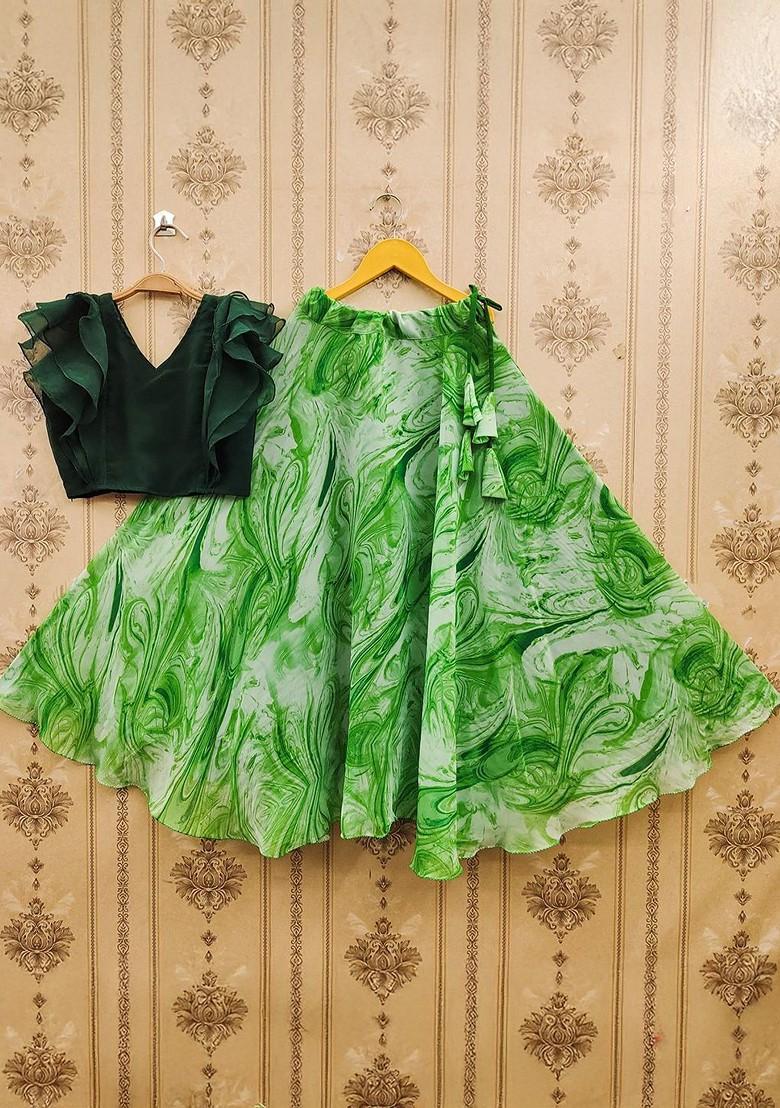 Green Embroidered Georgette Lehenga Choli For Girls - Indya
