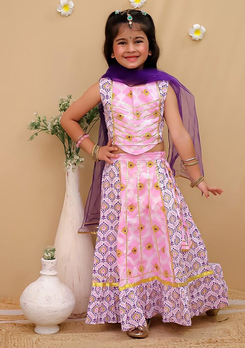 Purple Printed Blended Lehenga Choli For Girls - Indya