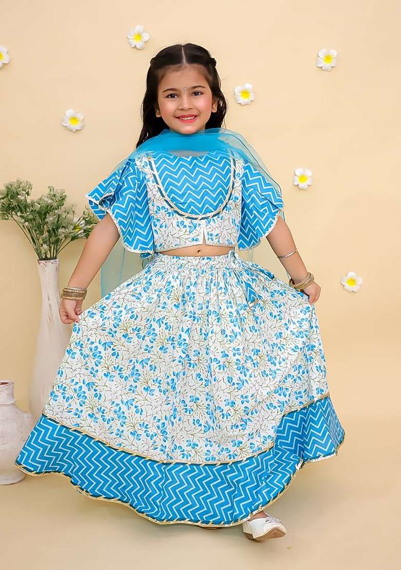 Blue Printed Blended Lehenga Choli For Girls - Indya