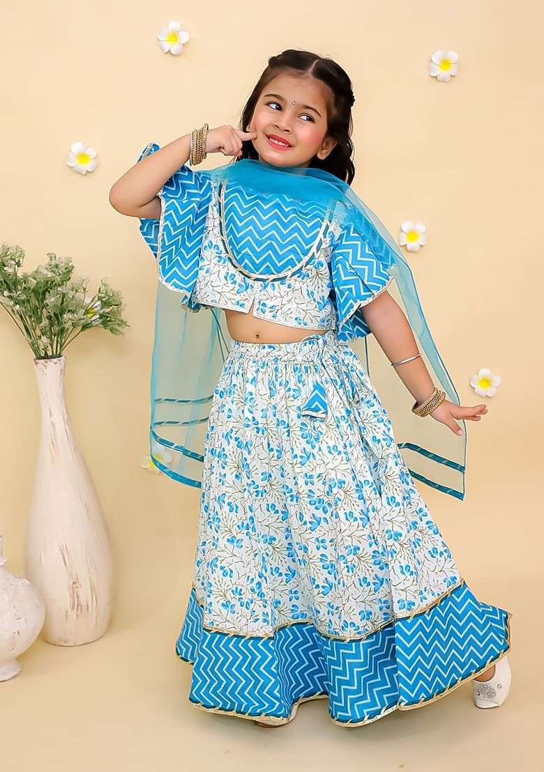 Blue Printed Blended Lehenga Choli For Girls - Indya