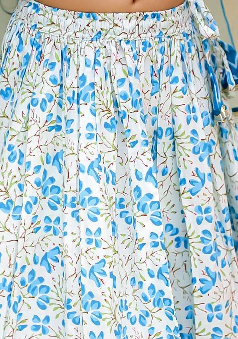 Blue Printed Blended Lehenga Choli For Girls - Indya