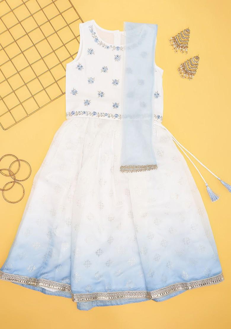 White Embroidered Blended Lehenga Choli For Girls - Indya