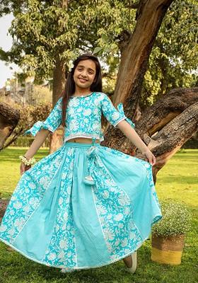 Blue Printed Cotton Blend Lehenga Choli For Girls