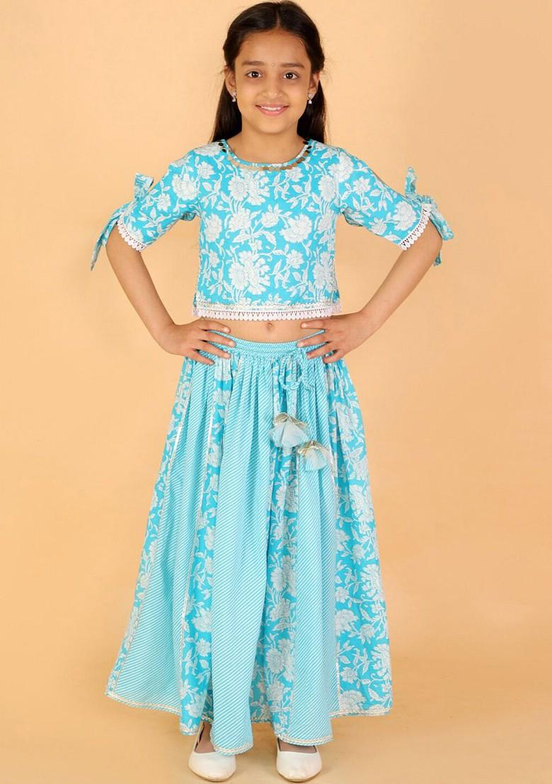 Blue Printed Cotton Blend Lehenga Choli For Girls - Indya