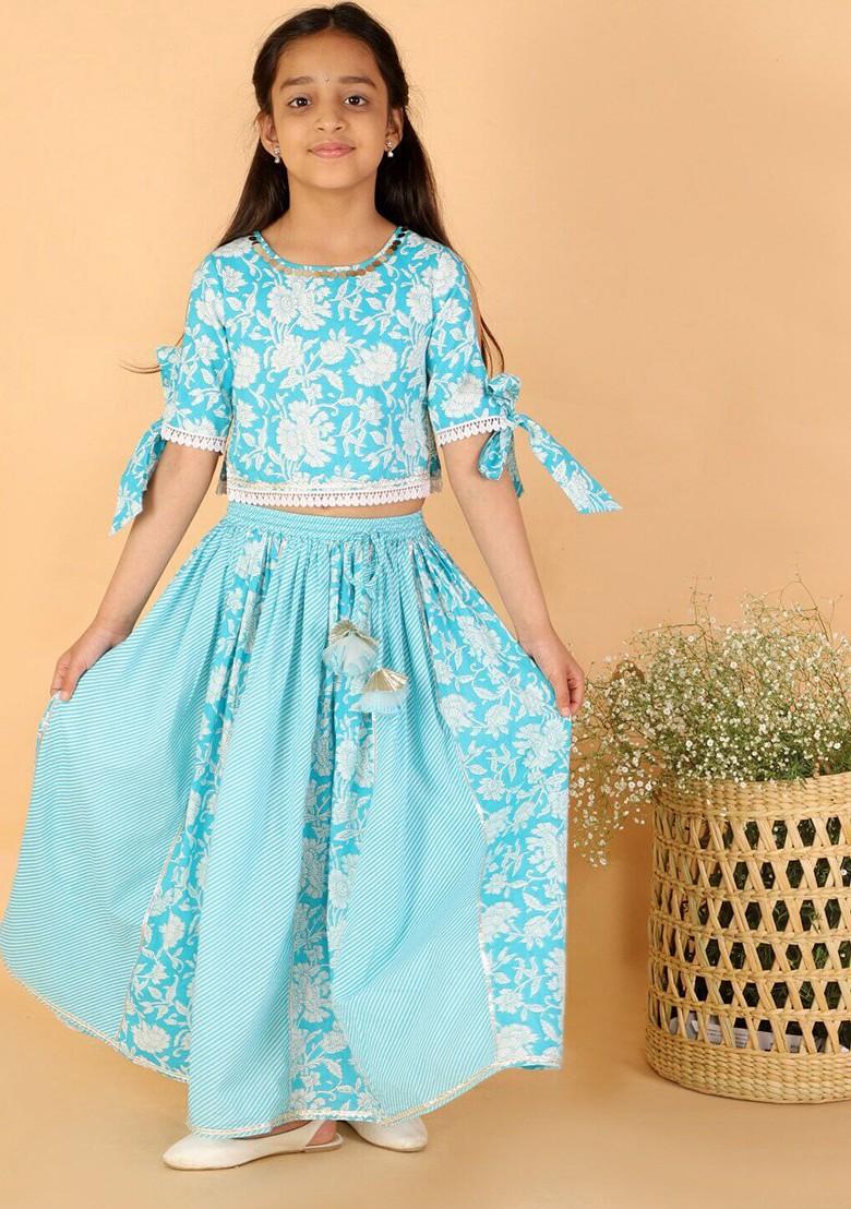 Blue Printed Cotton Blend Lehenga Choli For Girls - Indya