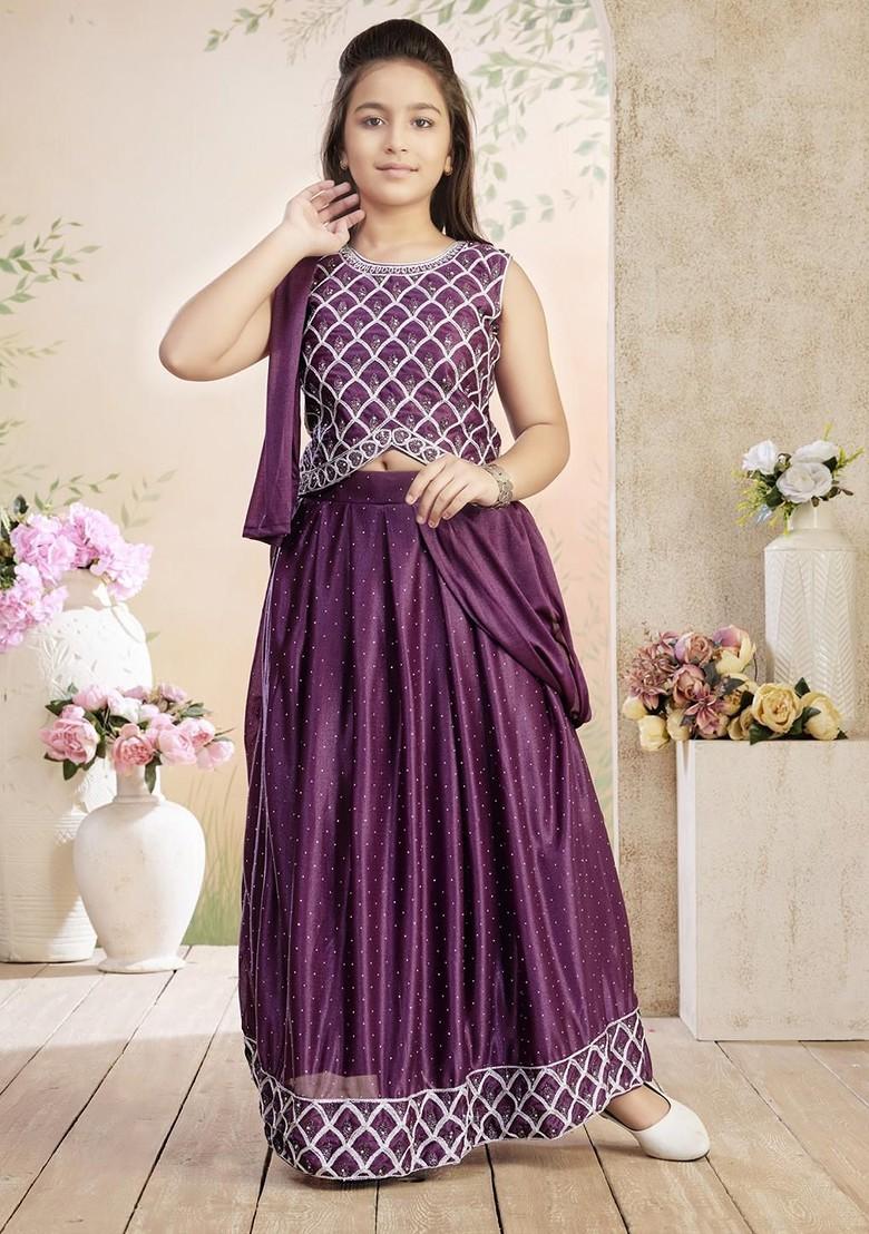 Purple Embroidered Georgette Lehenga Choli For Girls - Indya