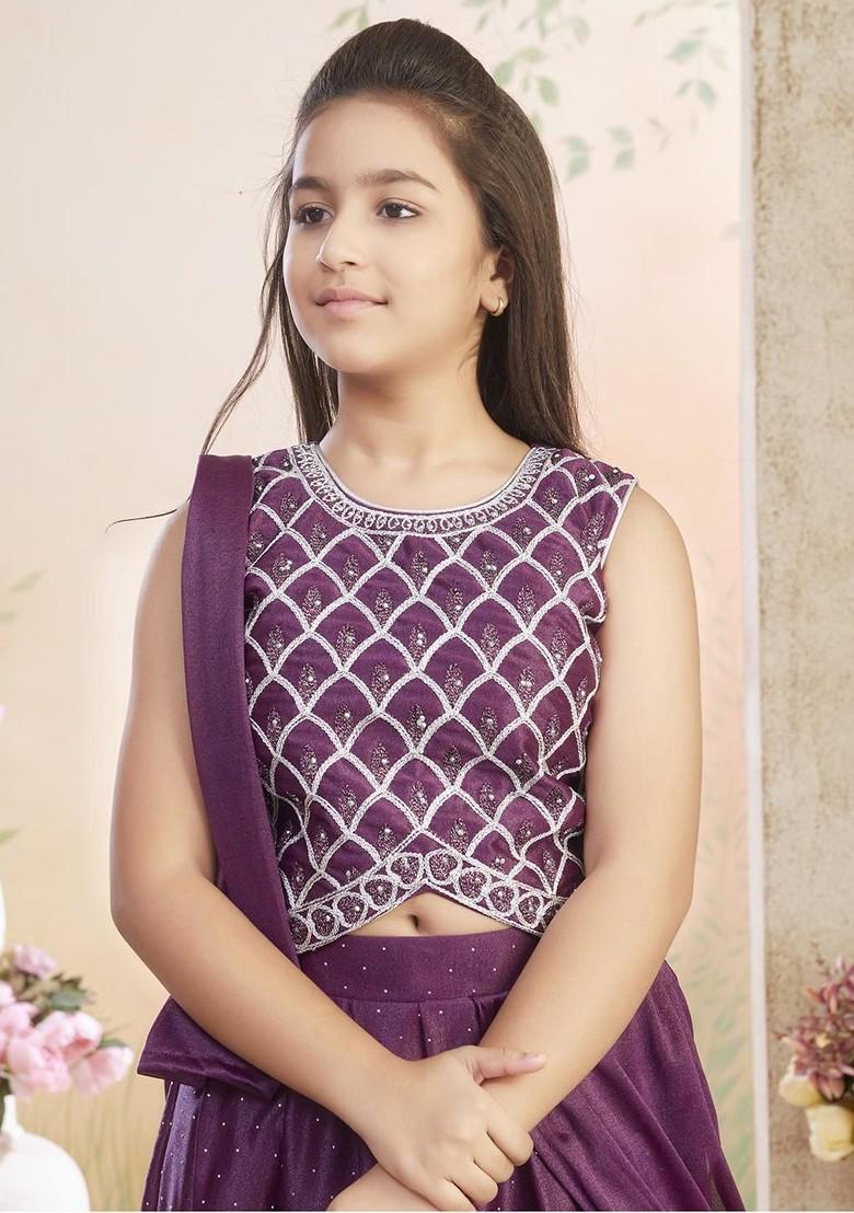 Purple Embroidered Georgette Lehenga Choli For Girls - Indya