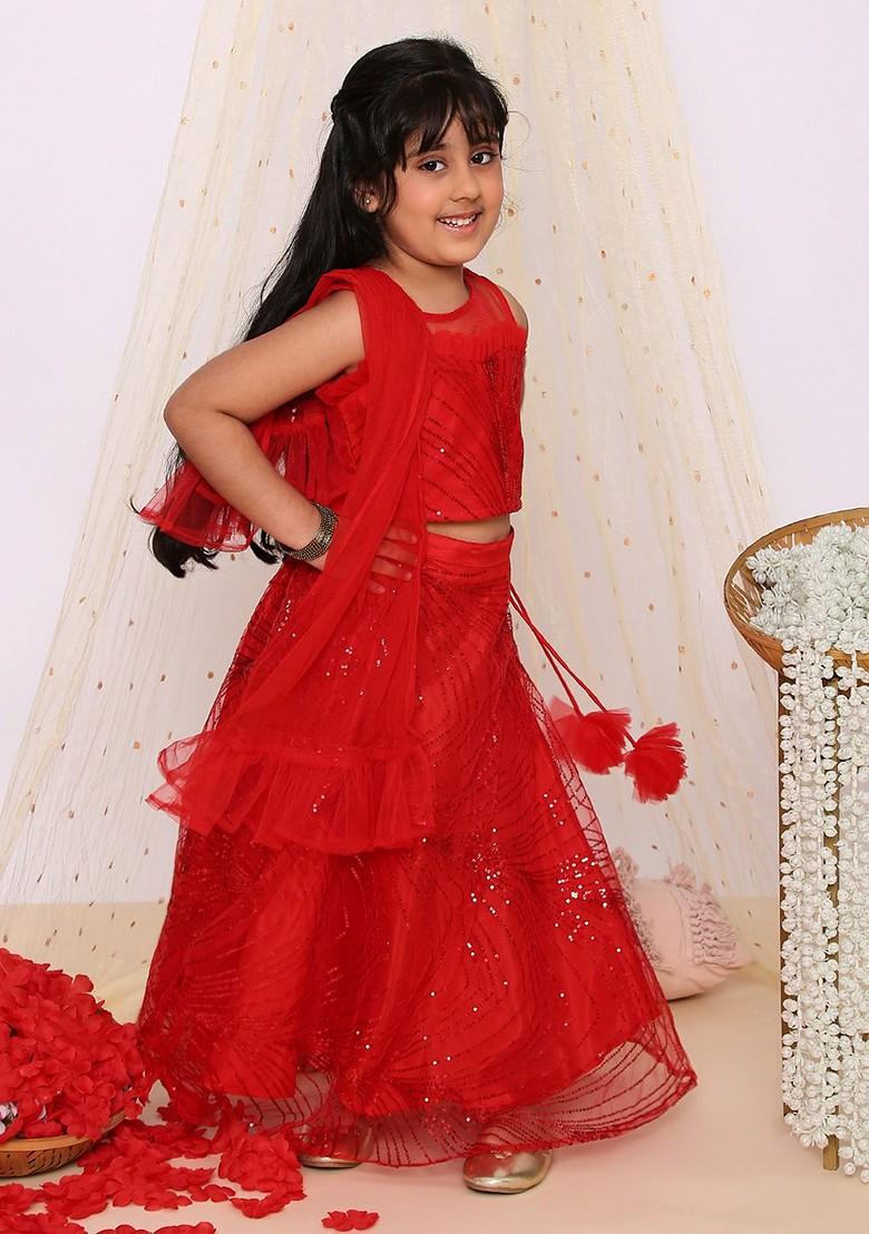 Red Embellished Blended Lehenga Choli For Girls - Indya