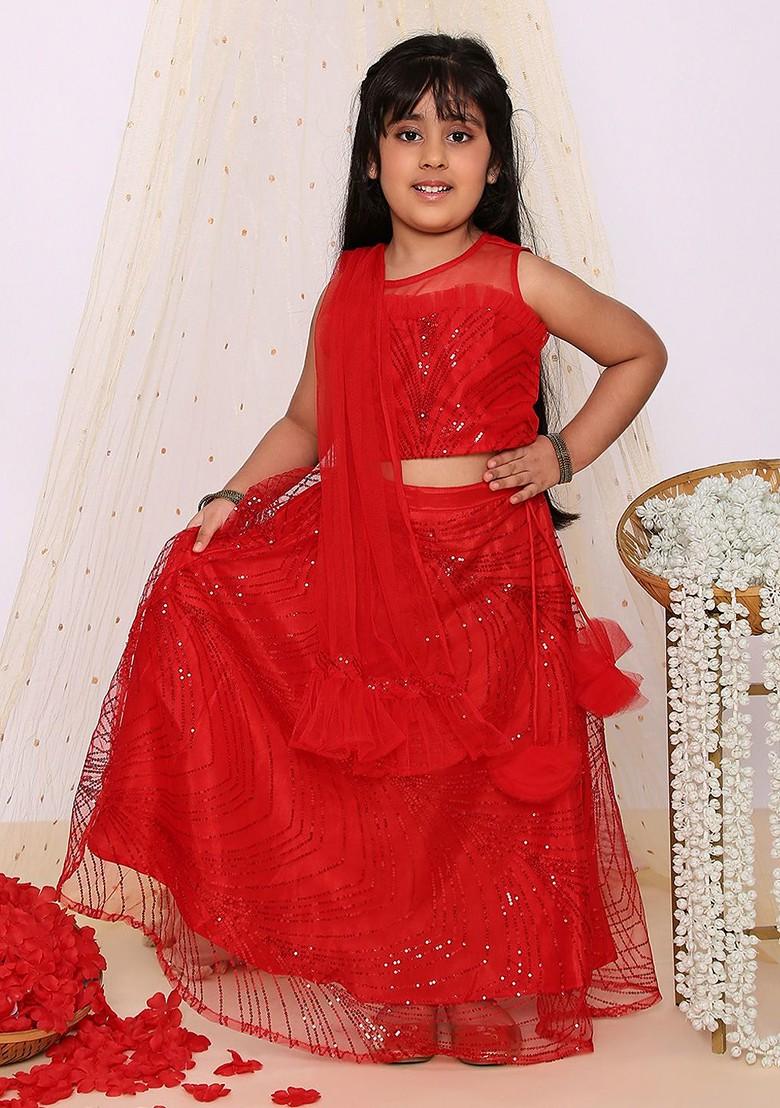 Red Embellished Blended Lehenga Choli For Girls - Indya