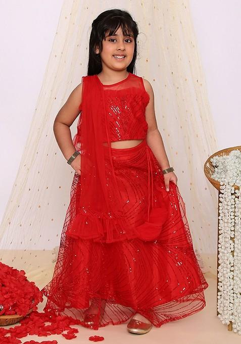 Red Embellished Blended Lehenga Choli For Girls — view on Indya