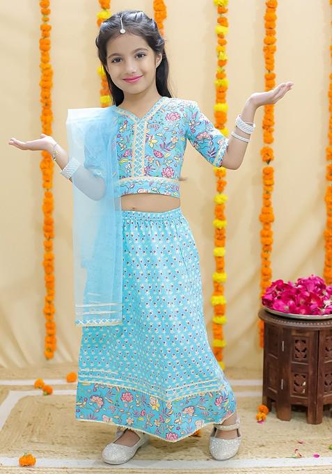 Blue Printed Cotton Blend Lehenga Choli For Girls — view on Indya