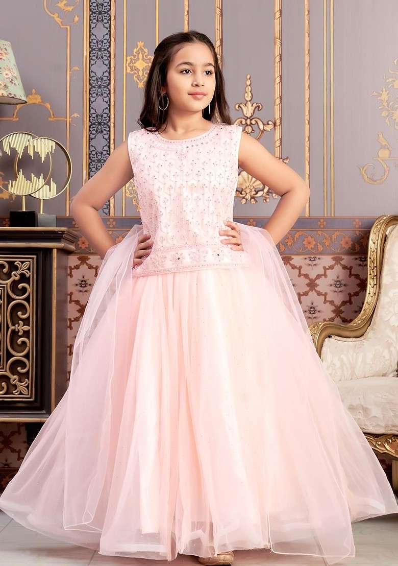Peach Embroidered Net Lehenga Choli For Girls - Indya